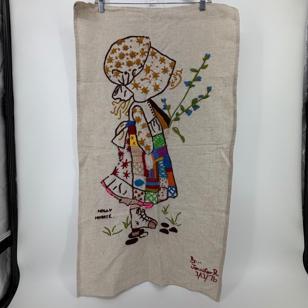 Vintage Holly Hobbie Embroidered‎ Art Panel Wall Hanging 1976 Signed